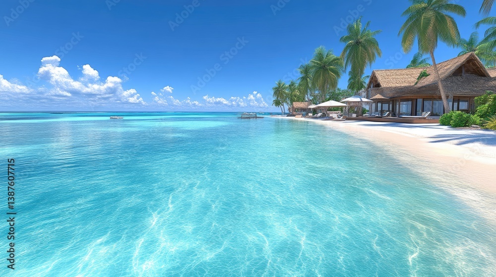 Fototapeta premium Tranquil beachfront paradise. Lush tropical scenery with beachfront huts