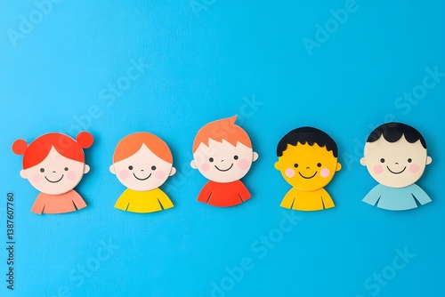 A row of paper cutout children, each smiling and wearing colorful in different colors, on a light blue background, in a flat lay composition