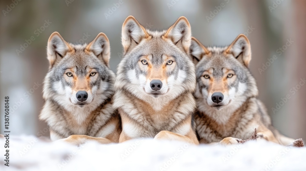 Obraz premium Three wolves rest in the snow. The central wolf is framed by two others. The image is high-resolution with natural lighting. A calm, serene style conveys a sense of wild beauty. Cool grays and bro
