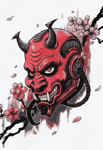 Demon red Oni Cyborg mask illustration Print Design Vector