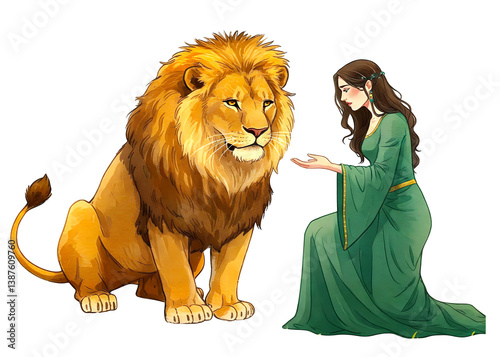 Woman in green dress kneeling beside a majestic lion on white background photo