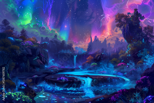 A vibrant fantasy valley with plants, a flowing river, and a sky filled with colorful auroras.