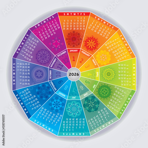 Calendrier 2026 avec Mandalas - Roue Couleurs Arc-en-Ciel - 12 Mois - Vecteur