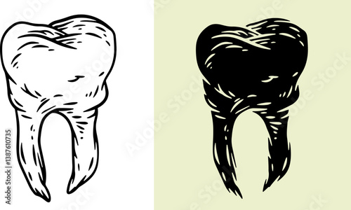 Tooth silhouette in hand drawn style. Set design element for print, tattoo, healthcare in outline and fill version. Vintage vector illustration.