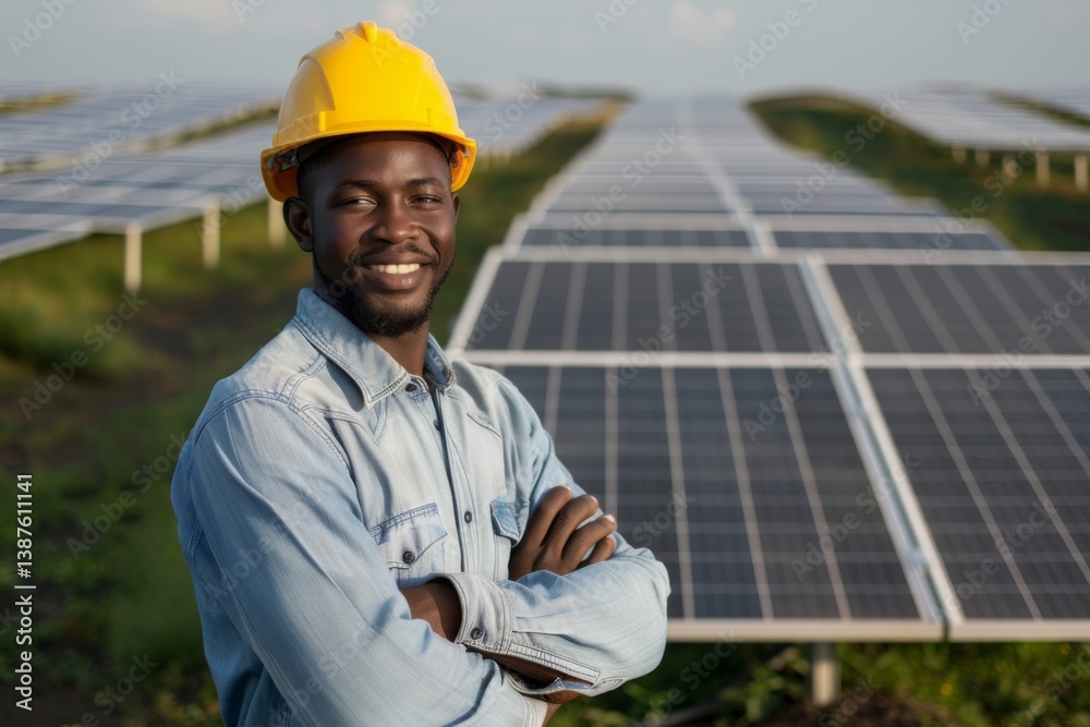 Portrait of a young african american male engineer on solar farm Portrait of a young african american male engineer on solar farm