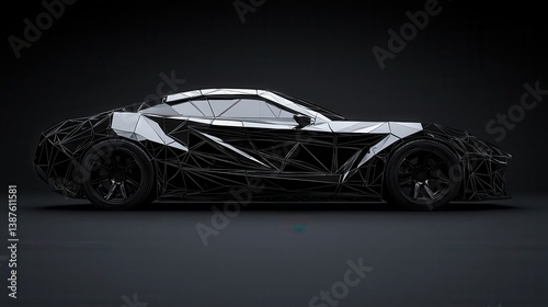 A sleek low poly modified muscle car design in black showcases a futuristic aesthetic with geometric lines and reflective surfaces against a dark background.