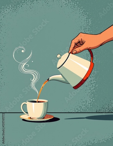 Pouring Hot Coffee into Cup Retro Style Illustration Vintage Teapot Breakfast Beverage