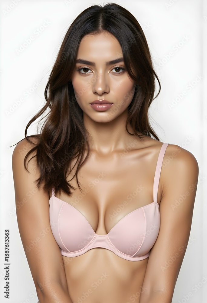 Obraz premium Close up portrait of charming beautiful attractive sexy bra woman with no-make-up closed eyes showing her big breast isolated on white background copy-space