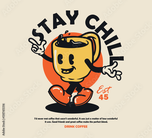 Groovy funky vector of coffee cup mascot illustration cartoon style, retro and trendy graphic design for fashion wear, street wear, clothing line, apparel and urban style t shirt design, hoodies, etc.