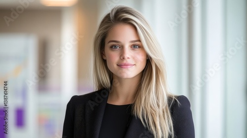 A young woman with long blonde hair smiles softly. She wears a black blazer. The image is well-lit and high-resolution, showcasing her features clearly. The style is simple and elegant, creating a pr Free Download A young woman with long blonde hair smiles softly. She wears a black blazer. The image is well-lit and high-resolution, showcasing her features clearly. The style is simple and elegant, creating a pr - GFXLoad