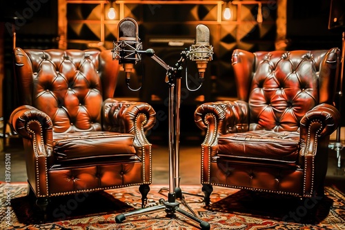 A cozy, vintage-inspired recording studio with two luxurious leather chairs and professional microphones, perfect for podcasting or radio shows.
