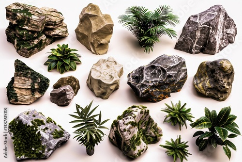 A diverse collection of rocks and plants showcasing nature's textures, patterns, and greenery. Perfect for nature-themed designs and educational materials.