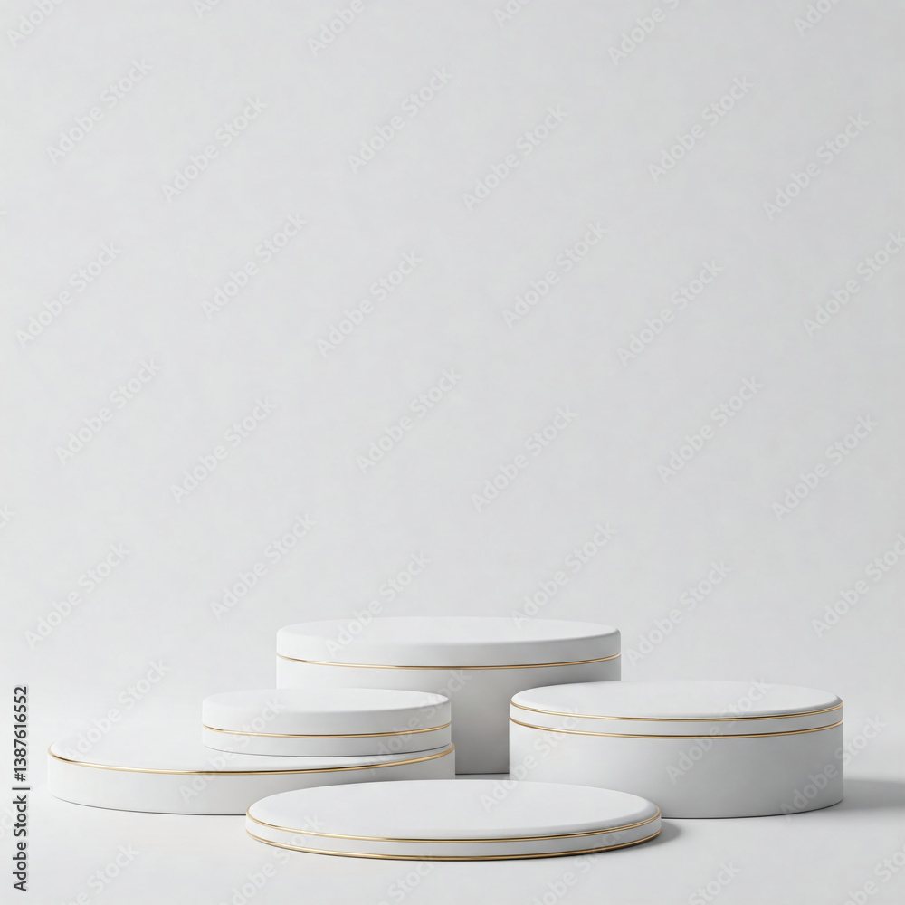 White cylindrical podiums with gold accents, arranged on a light grey background, showcasing a clean and minimalist product display, ideal for branding or advertising purposes White cylindrical podiums with gold accents, arranged on a light grey background, showcasing a clean and minimalist product display, ideal for branding or advertising purposes