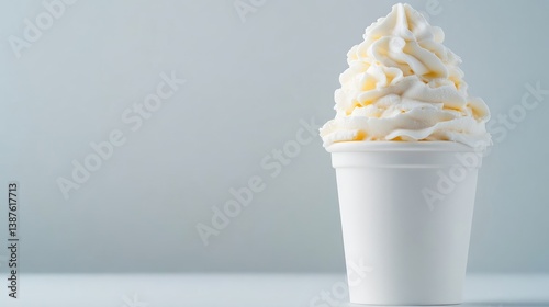 A soft serve ice cream in a white cup with swirled topping, minimalist gray background, close-up shot, and dessert concept.