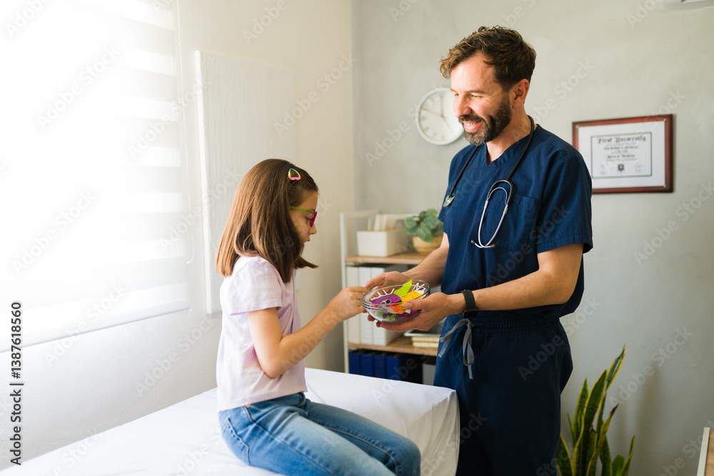 Fototapeta premium Pediatrician holding a bowl full of lollipops near young girl after medical screening in clinical examination room