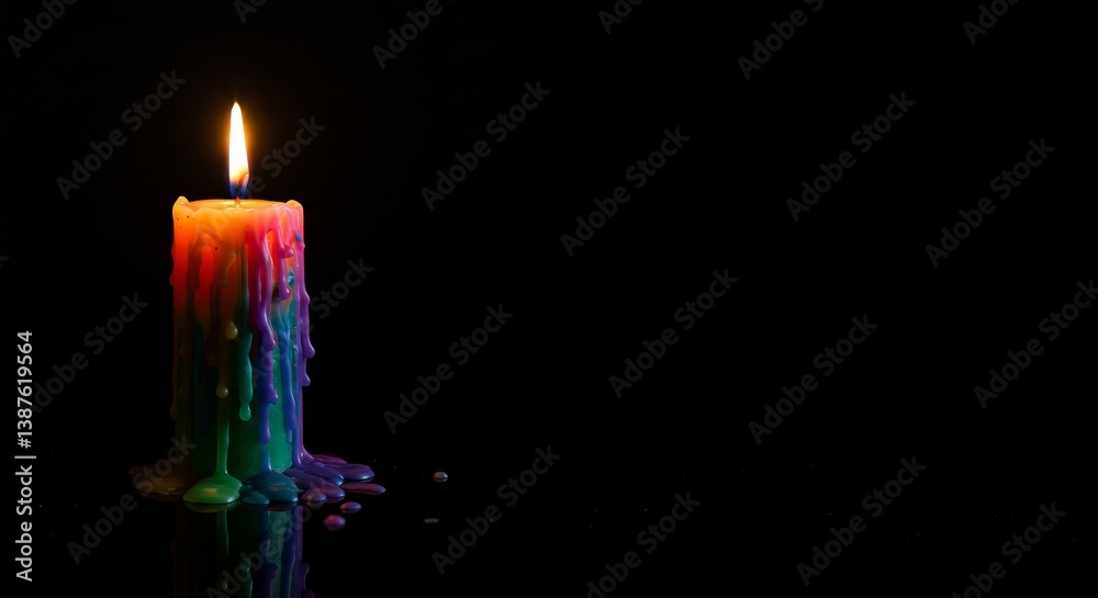 A vibrant candle with a rainbow design melting, viewed on a reflective dark surface, creating a warm and artistic atmosphere with vibrant colors and soothing light. The concept of Pride month