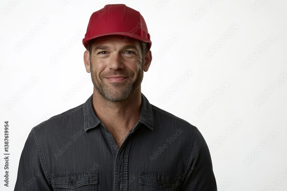 Smiling construction worker in a red hard hat, posing against a plain background, showcasing confidence Smiling construction worker in a red hard hat, posing against a plain background, showcasing confidence