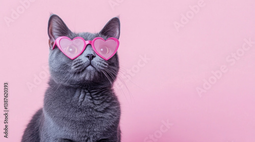 A British cat sporting pink heart-shaped glasses against a pink background captures the essence of cuteness and charm. AI generative photo