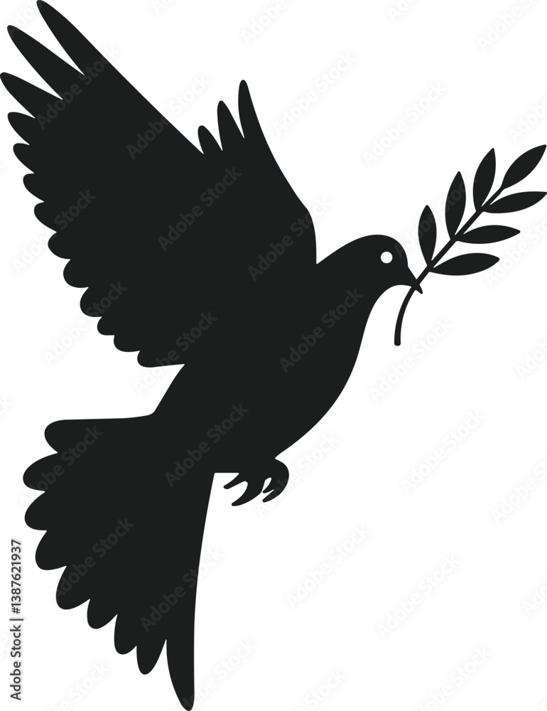 Obraz premium Flying Dove Silhouette with Olive Branch Vector Illustration