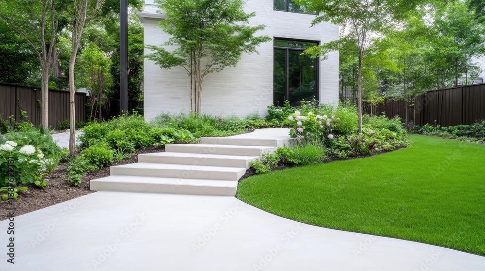 A modern homes backyard features a light-grey concrete walkway leading to steps. Lush green landscaping, including shrubs and trees, surrounds the pathway. The image is high-quality, with natural da A modern homes backyard features a light-grey concrete walkway leading to steps. Lush green landscaping, including shrubs and trees, surrounds the pathway. The image is high-quality, with natural da