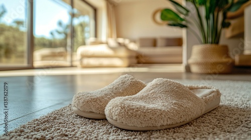 A pair of slippers are laying on a carpeted floor in a living room