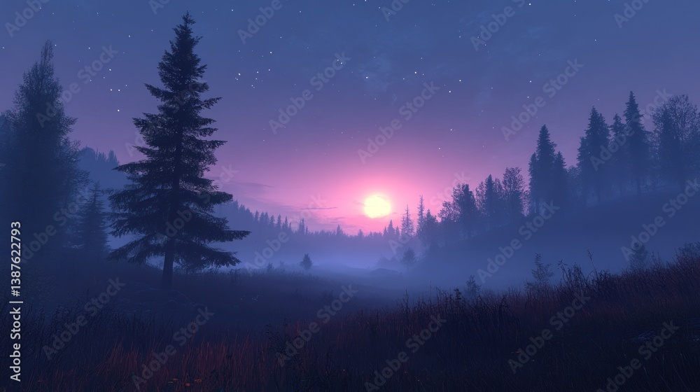 Fototapeta premium Misty forest at twilight with a large, bright sun rising.