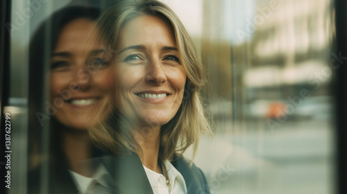 A happy businesswoman and her female colleague engage in a productive discussion in the office highlighting their leadership and teamwork. AI generative photo