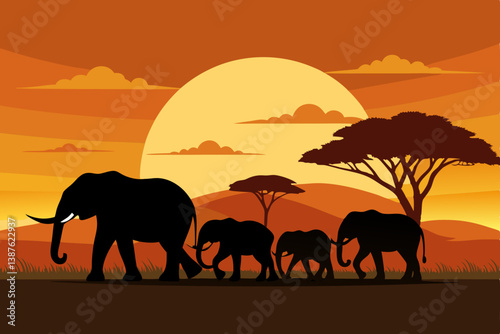 elephants at sunset