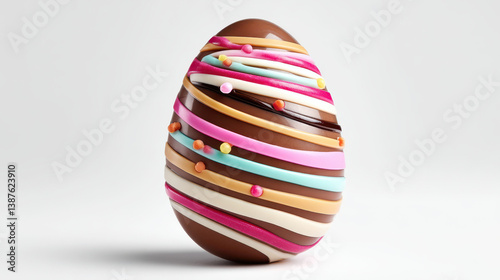 Decorative colorful chocolate egg with vibrant stripes on a white background