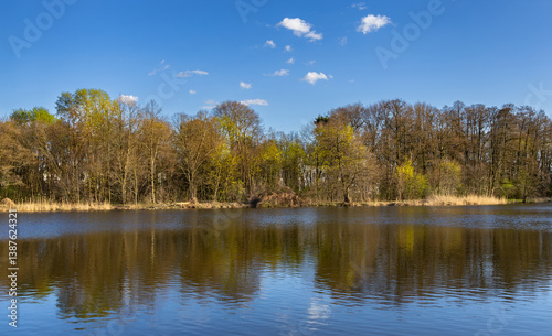 A warm and sunny spring day at the Raszyn ponds, the palace in Falenty hidden behind the trees