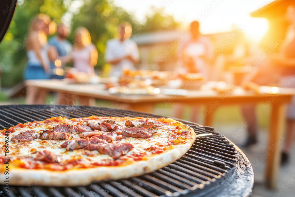 Grilled pizza with toppings outdoors during a gathering in golden sunlight