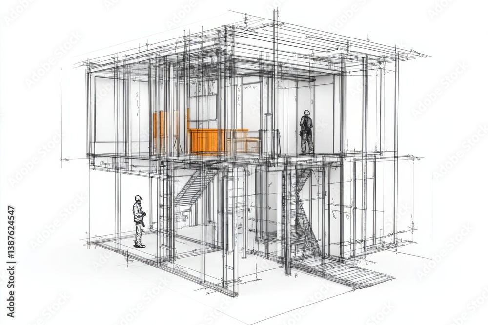 Modern architectural design sketch of a transparent house with interior elements and figures Modern architectural design sketch of a transparent house with interior elements and figures