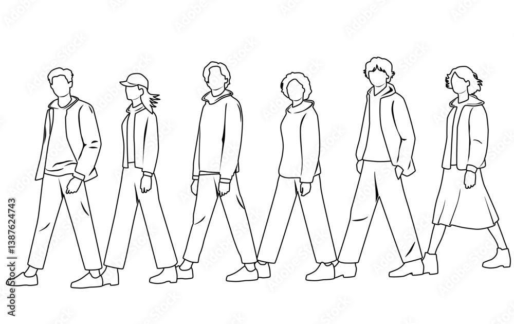 Silhouettes of men and women, group walking business people, vector, profile,linear sketch, hand draw, black and white color isolated on white background