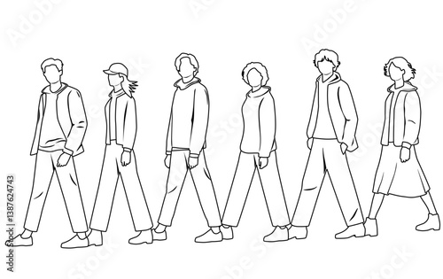 Obraz na płótnie Silhouettes of men and women, group walking business people, vector, profile,linear sketch, hand draw, black and white color isolated on white background w salonie
