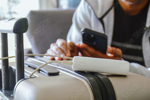Cropped image of a South Asian man waiting in airport lounge charging his phone using power bank before departure. Focus on the foreground.