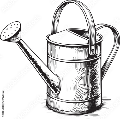 Watering Can Gardening Black and White Vector Illustration, Sketch Drawing Line Linear Engraving, Hand-drawn Isolated Icon Symbol