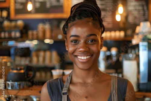 Portrait of a smiling young African American woman in a coffee shop
