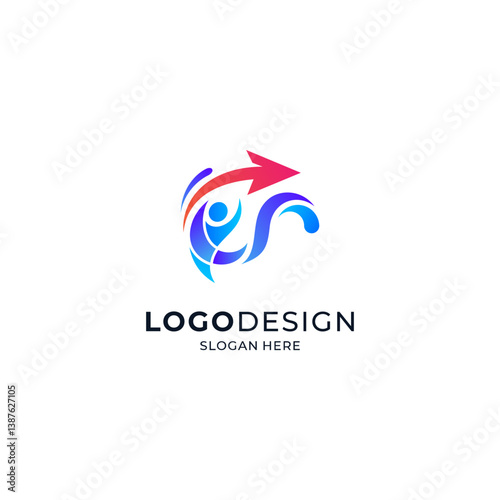 person with arrow and water for athletic development and swimming sports logo