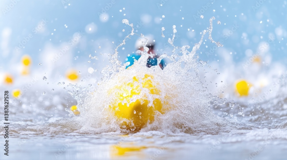 Naklejka premium Yellow kayak, splashing water, miniature