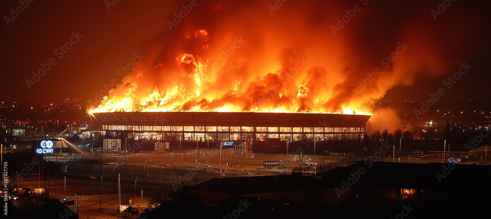 Stadium arena building on burning fire. Accident destruction. Generative AI technology.