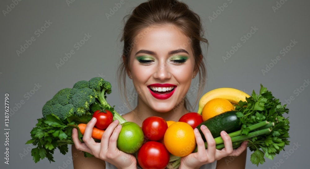 Woman Smiling with Healthy Produce Woman Smiling with Healthy Produce