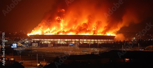 Obraz na płótnie Stadium arena building on burning fire. Accident destruction. Generative AI technology.
w salonie