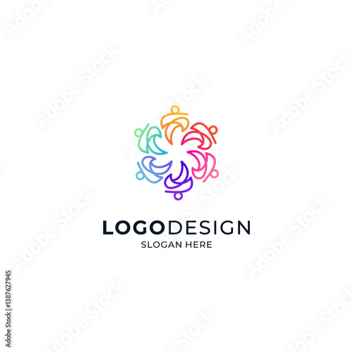 logo of social community, orphanage, and humanitarian care with accent of a group of colorful and shining people