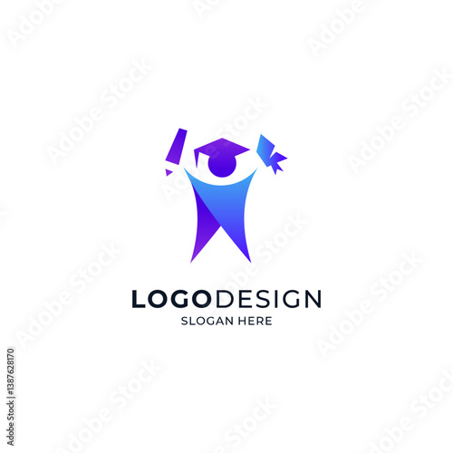 A person wearing a toga holding a book and pen for the logo of education, school, university, and graduation.