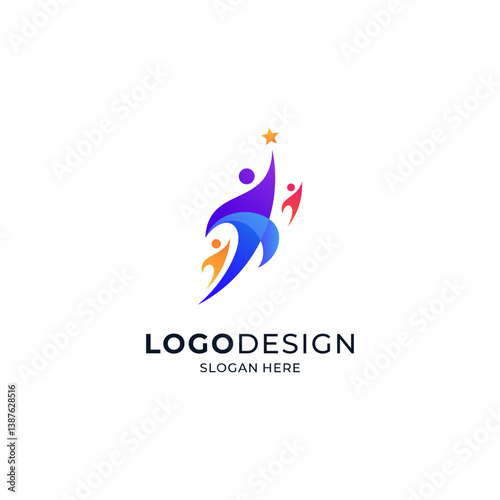 colorful people reaching for the stars for education logos, kindergartens, orphanages, and social organizations