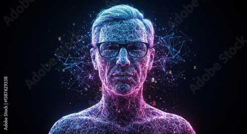 Digital representation of a human form highlighted by colorful network design in a dark environment