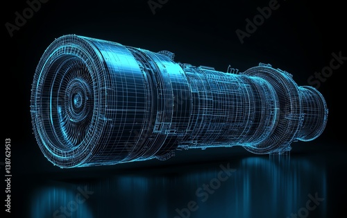 Digital twin concept showcasing a wireframe turbojet engine mirrored by its physical counterpart, rendered in 3D with a black background