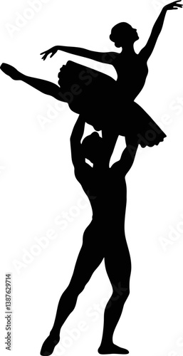 Silhouette of Ballet Duet Performing Classic Pas de Deux Lift – Elegant Vector Illustration