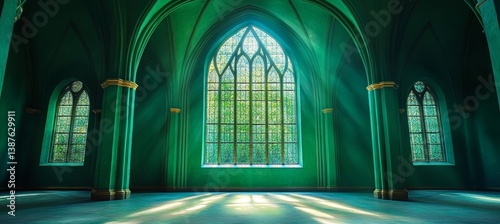 Window church interior and green paint wall. Christian faith worship spirituality concept. Generative AI technology.	
