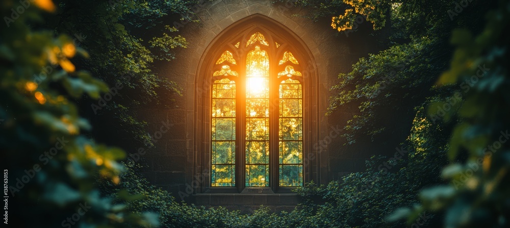 Morning sunlight from church window arch. Christian faith worship spirituality concept. Generative AI technology.